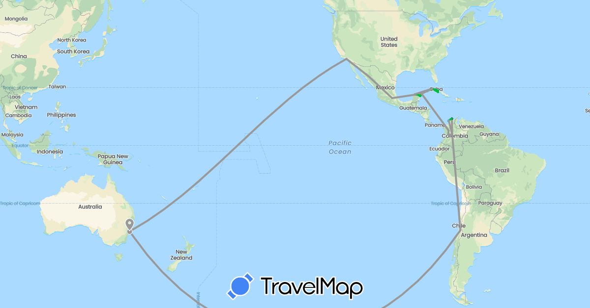 TravelMap itinerary: driving, bus, plane, boat in Australia, Chile, Colombia, Cuba, Mexico, United States (North America, Oceania, South America)